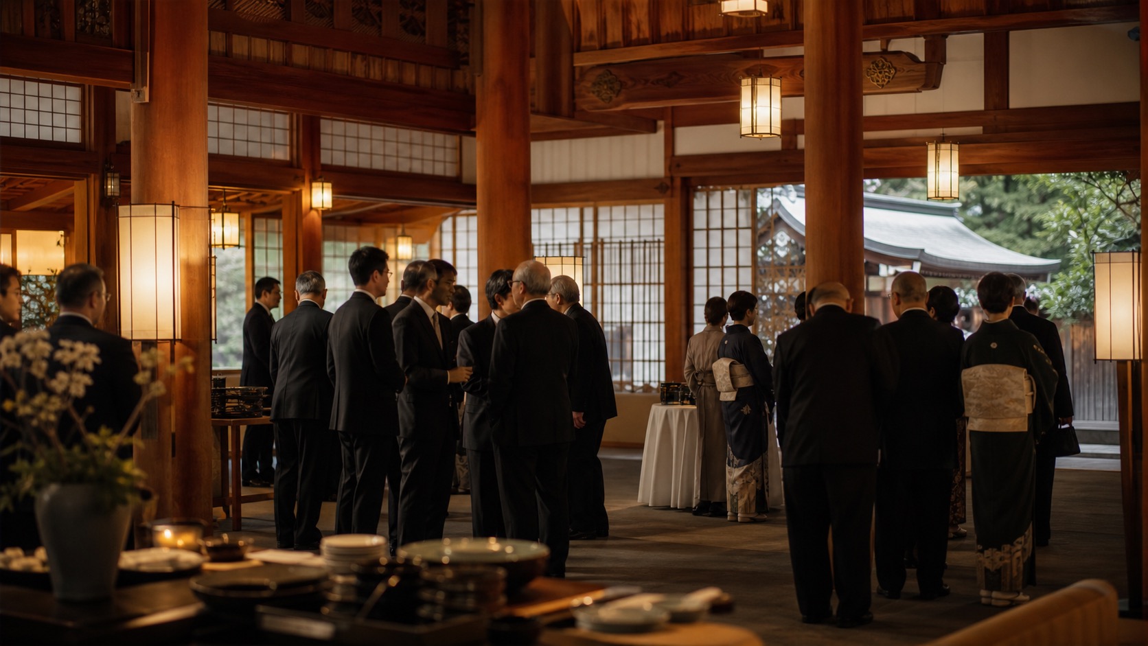 神社の儀典ホールでの著名作家記念式典の和食ビュッフェ
