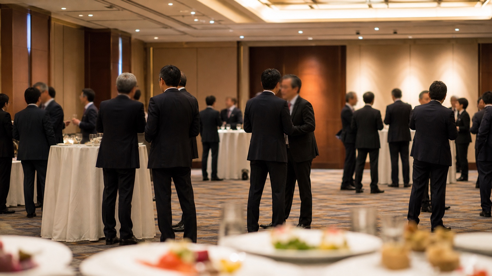 大手製薬会社の研修後懇親会の立食ビュッフェ